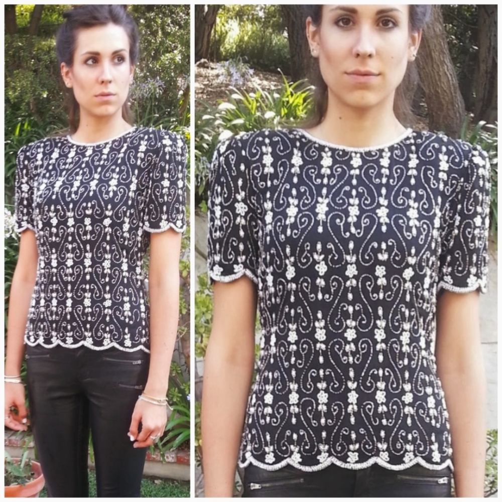 Vintage 20s 80s 90s deco embellished beaded trophy party statement top blouse S